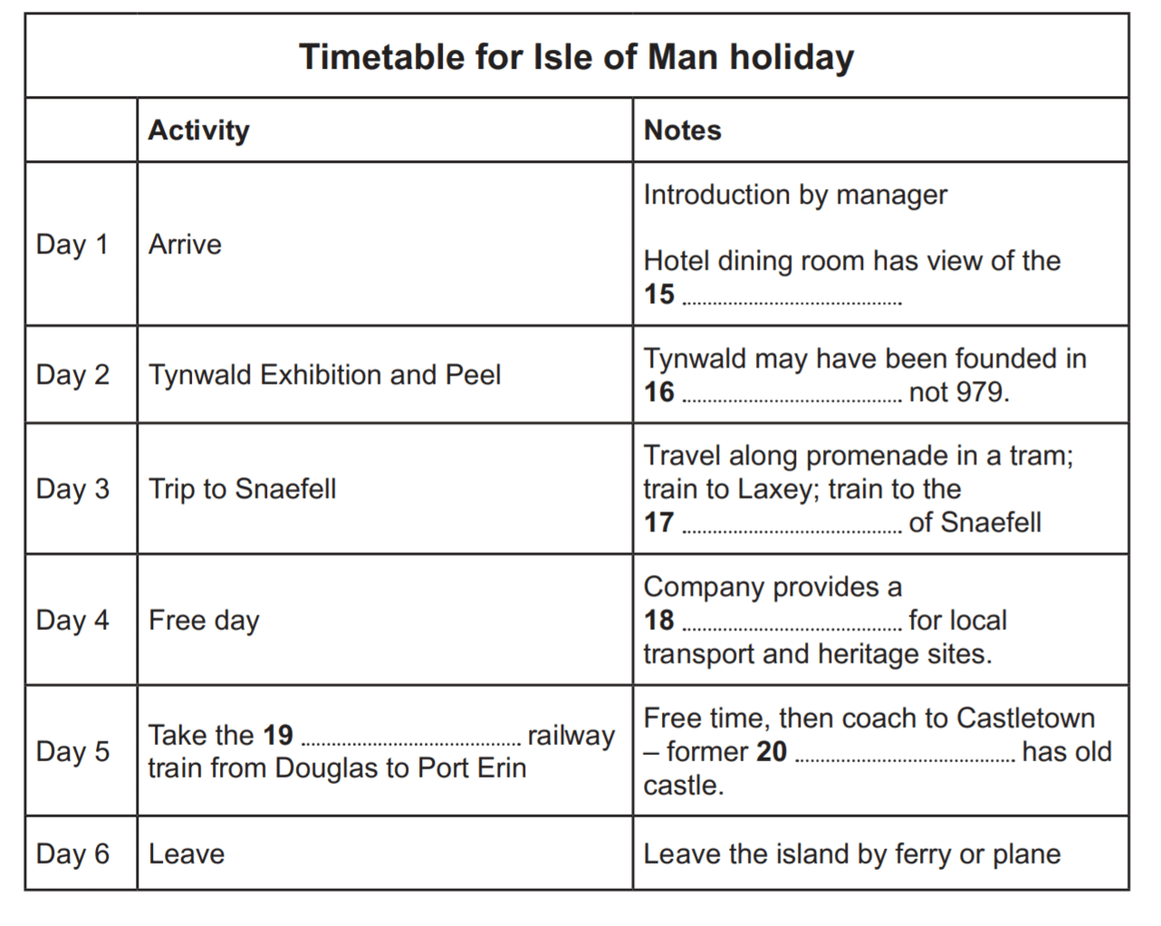 Timetable For Isle Of Man Holiday Ielts Listening