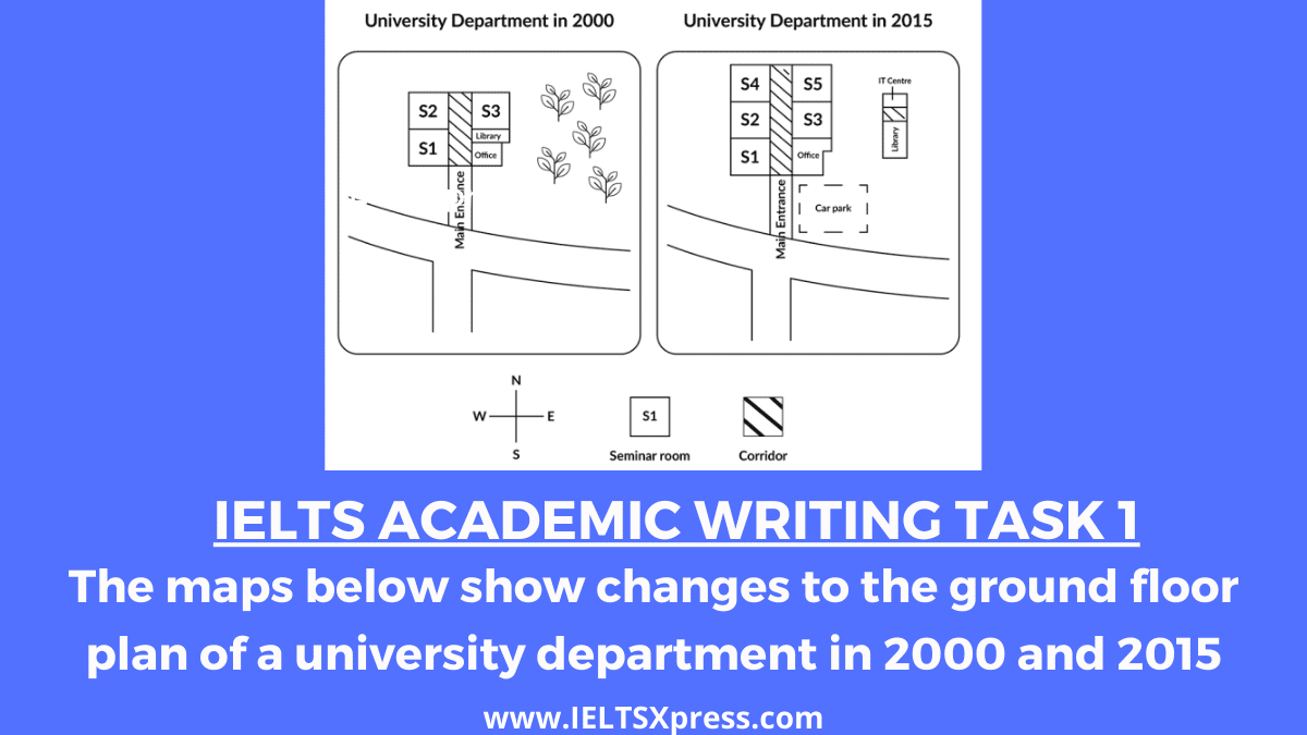 The maps below show changes to the ground floor plan of a university department in 2000 and 2015 ielts academic writing