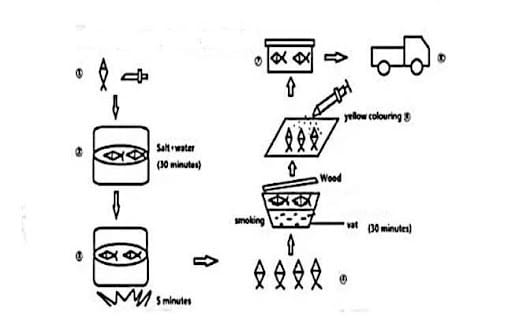 The diagram shows the small-scale production of smoked fish