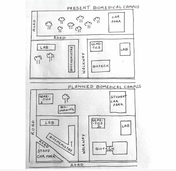 The diagram below shows the present and planned development in the biomedical campus of a university ieltsxpress